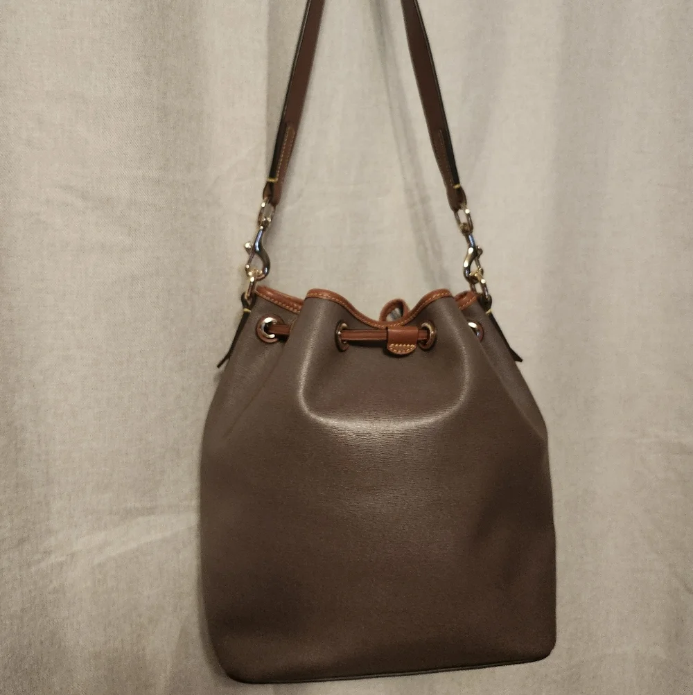 Dooney & Bourke Camden Saffiano Leather Bucket Bag-Elephant- EUC And Dustbag